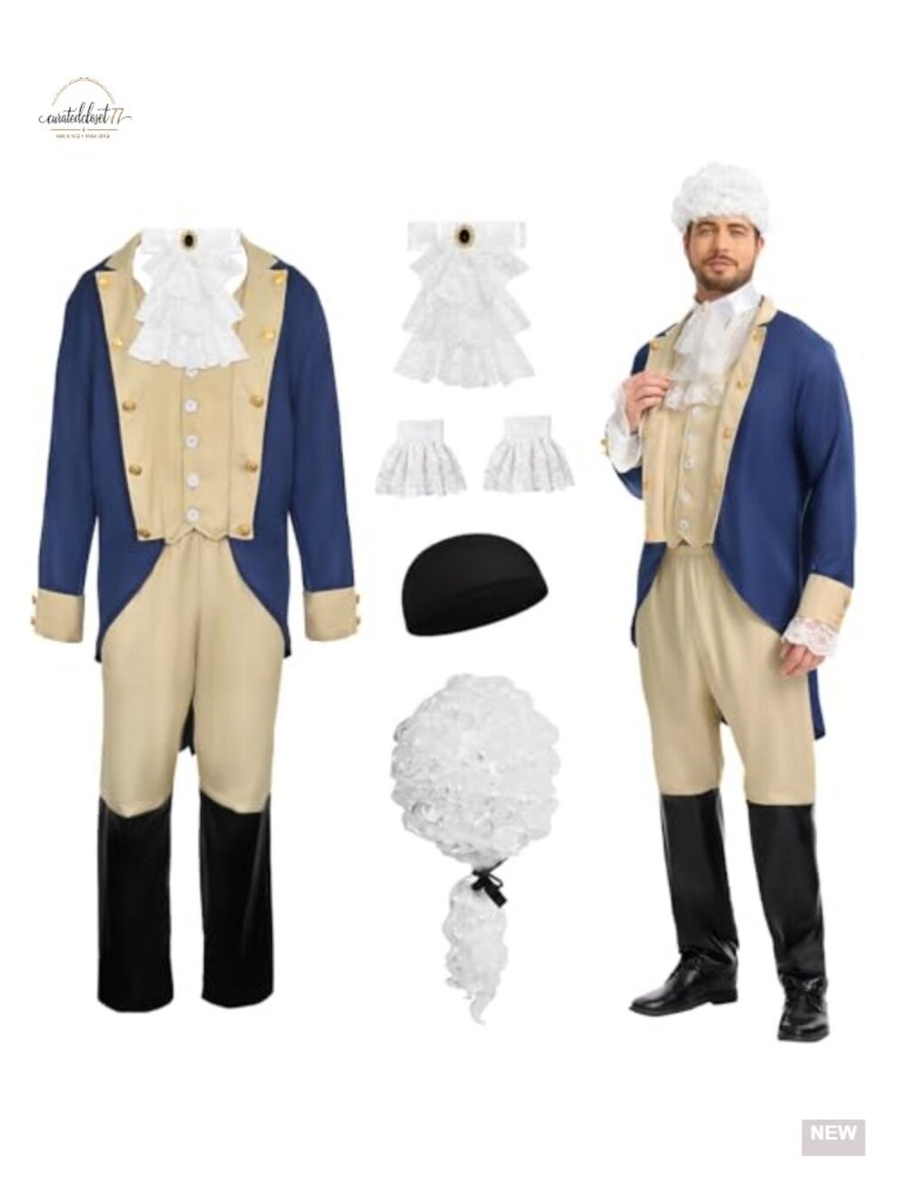 Mens Colonial Costume Blue Tailcoat Military Wig 5 Sizes Halloween